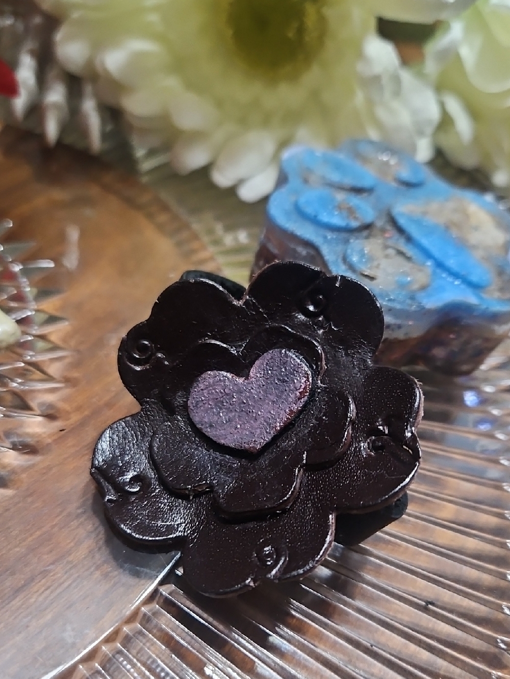 Hand Crafted Genuine Leather Tooled Painted Floral Heart Dog Collar Charm NEW